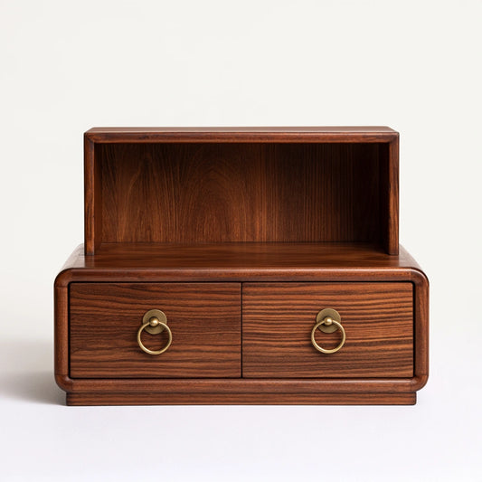 Meuble d'appoint à deux tiroirs en bois, coloris brun foncé et doré
